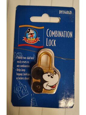 Vintage Disney Mickey Mouse Two Dial Combination Lock, Sealed, Gold Tone